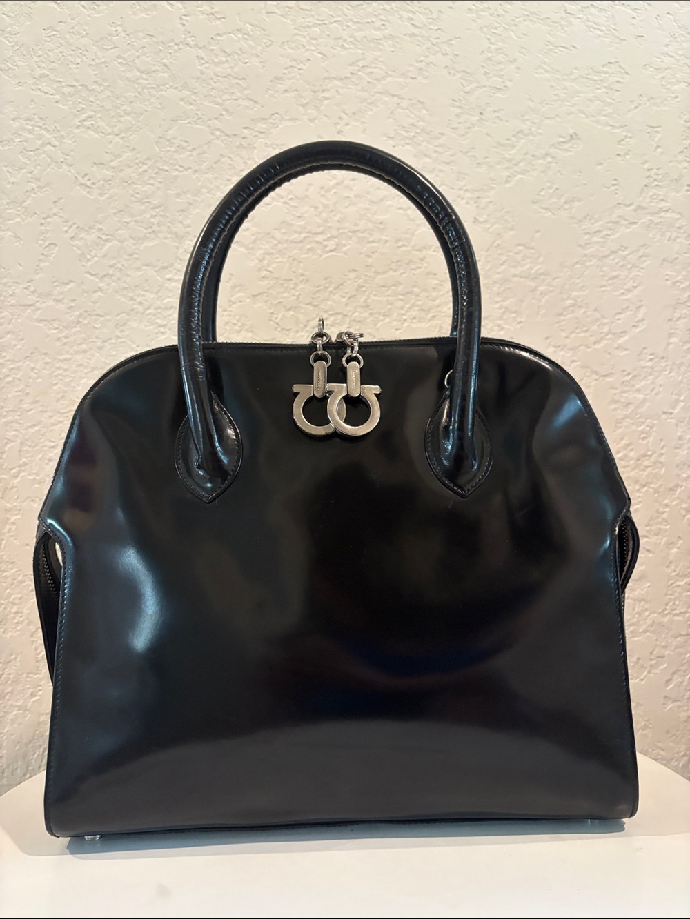Salvatore Ferragamo Black Patent Leather Dome Satchel Handbag